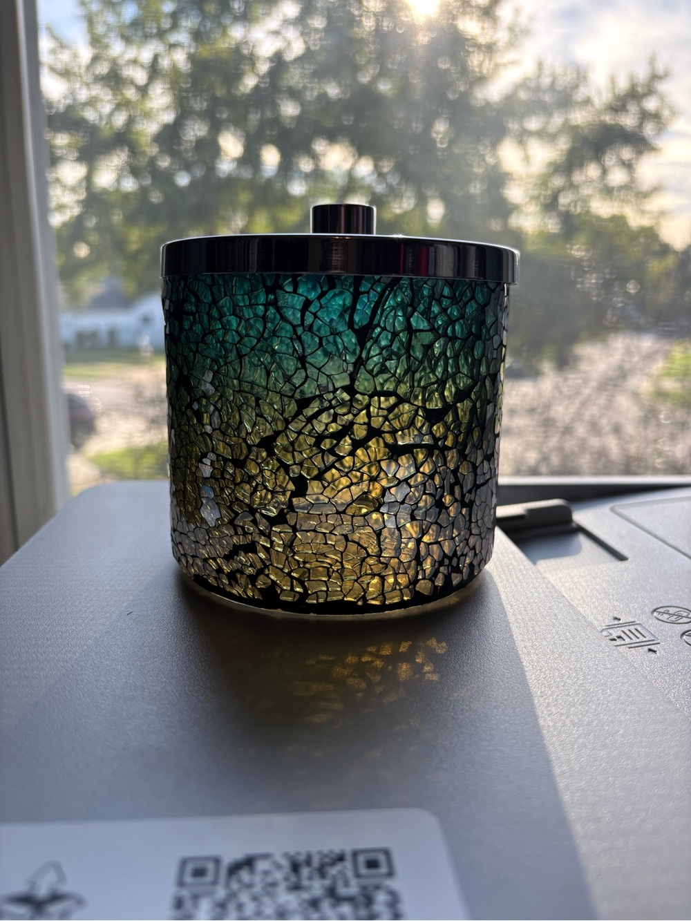 Teal and Gold Crackle Glass Decorative Jar with Lid